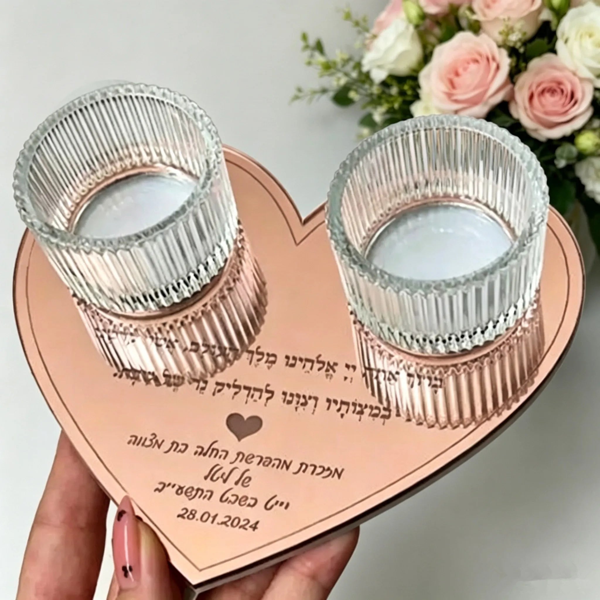 10PCS Shabbat Candle Lighting Memory Souvenir Card with Cup Mirror Rose Gold Card Heart Bar Mitzvah Blessing Souvenir Card